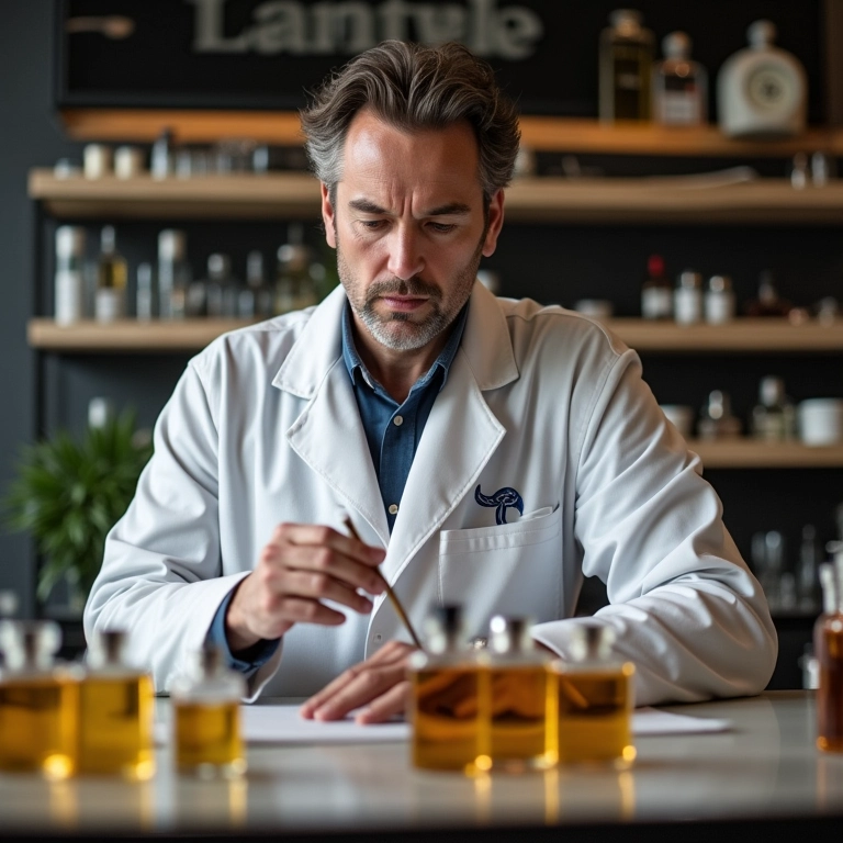 Jacques Polge criando novas fragrâncias em um laboratório moderno da Chanel.