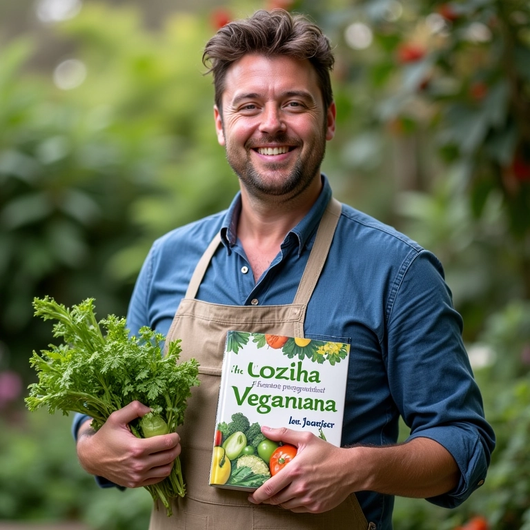 Jamie Oliver sorrindo em um jardim, segurando o livro 'A Cozinha Vegetariana de Jamie Oliver'.