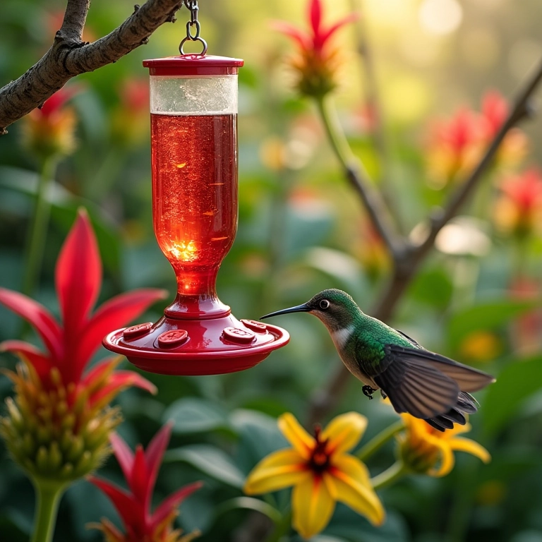Jardim brasileiro atraindo beija-flores, com comedouros e plantas nativas.