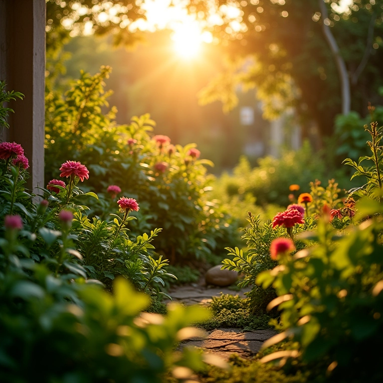 Jardim caseiro exuberante com diversas plantas sob a luz do sol.