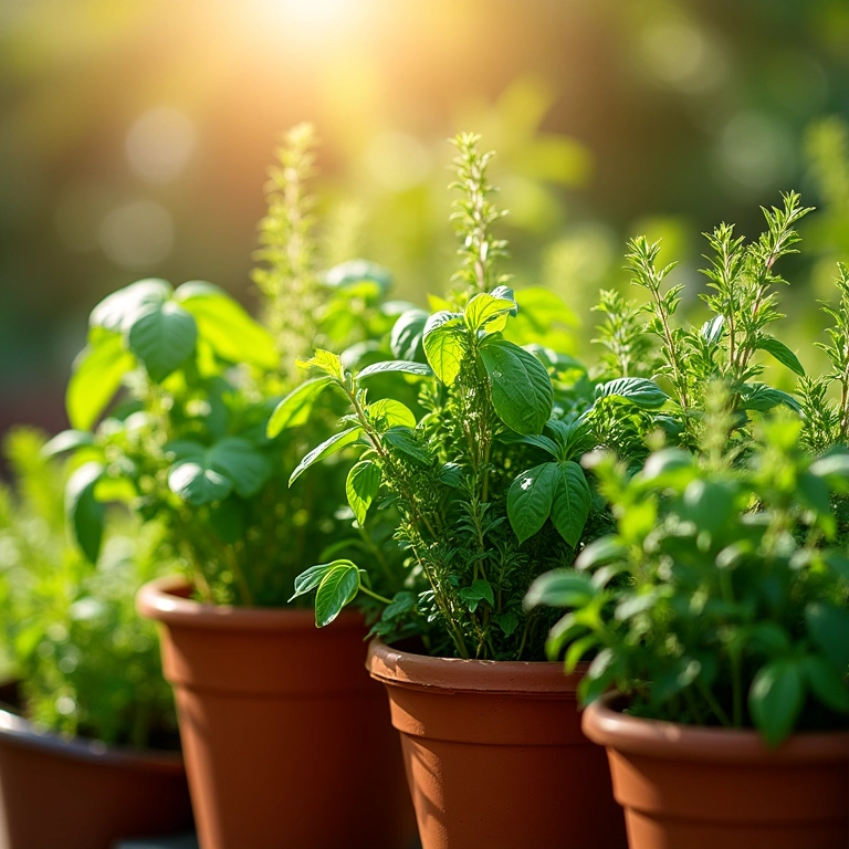 Jardim de ervas aromáticas exuberante em vasos de terracota, com manjericão, alecrim, tomilho e hortelã.