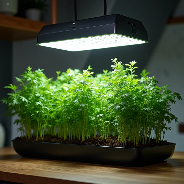 Jardim de ervas dentro de casa iluminado por luzes de crescimento em balcão de cozinha.