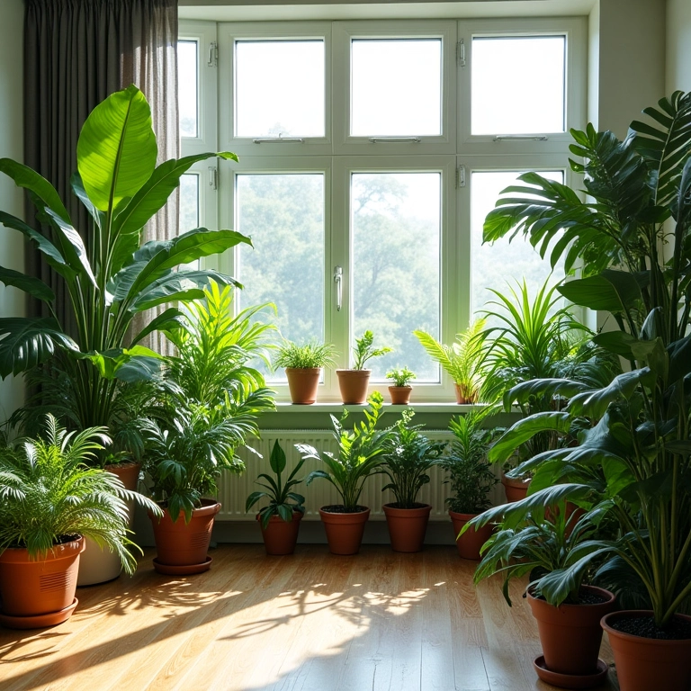 Jardim de inverno em sala de estar iluminada com plantas tropicais.