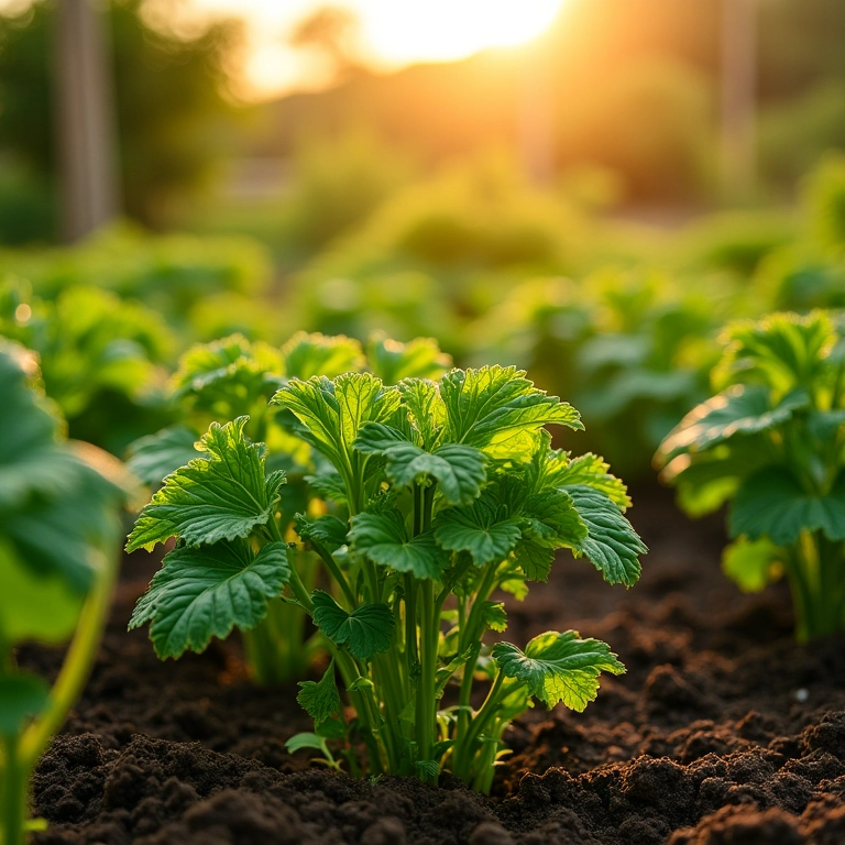 Jardim de vegetais exuberante com plantas diversas e solo rico.