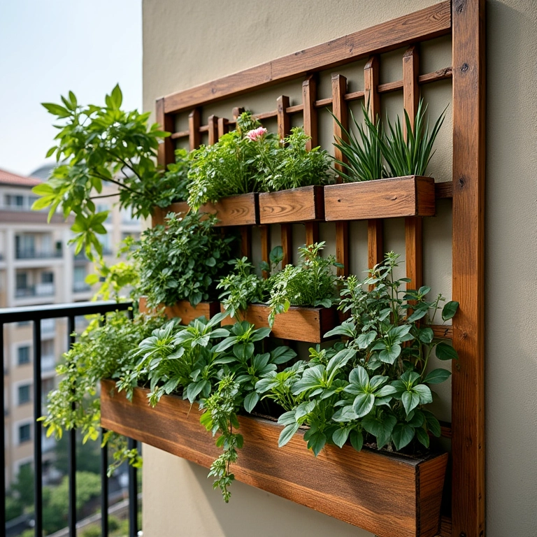 Jardim vertical com treliças de madeira e bambu em varanda de apartamento.