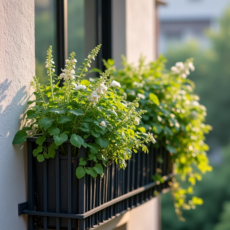 Jardim vertical em varanda de apartamento, com ervas e flores.