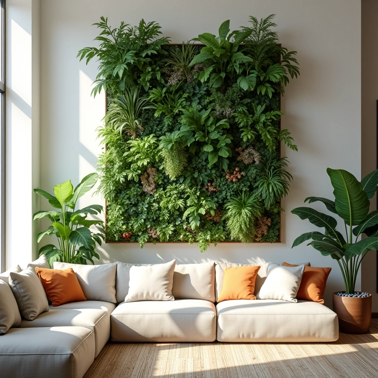 Jardim vertical exuberante em apartamento iluminado com estilo brasileiro.