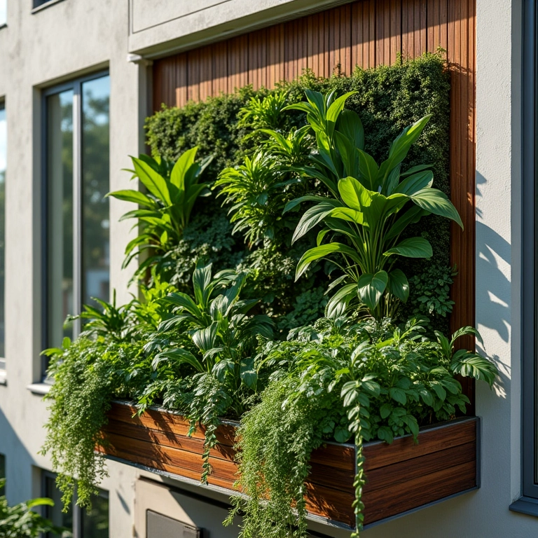 Jardim vertical exuberante em varanda de apartamento, com diversas plantas verdes.