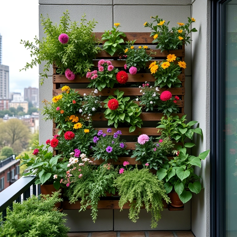 Jardim vertical exuberante feito de pallets em uma varanda com vista urbana.