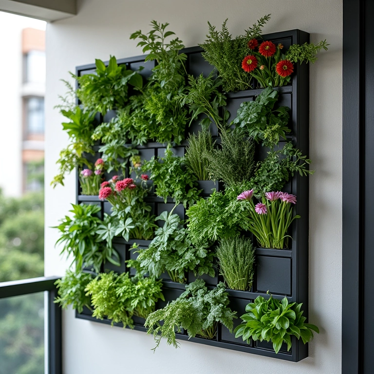 Jardim vertical modular instalado em uma parede de varanda, exibindo ervas e flores.