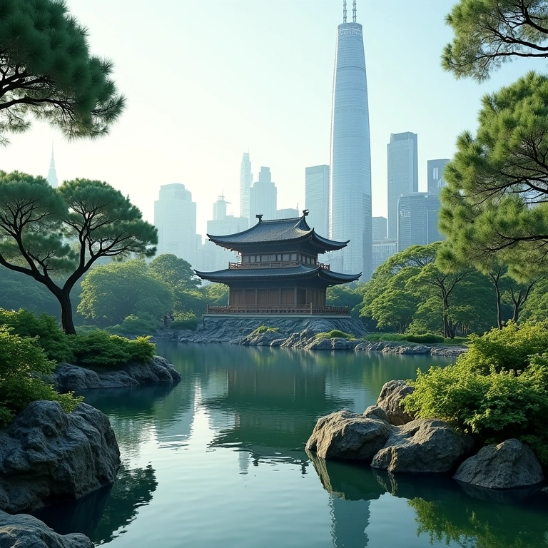 Jardim Zen sereno com templo e arranha-céus futuristas.