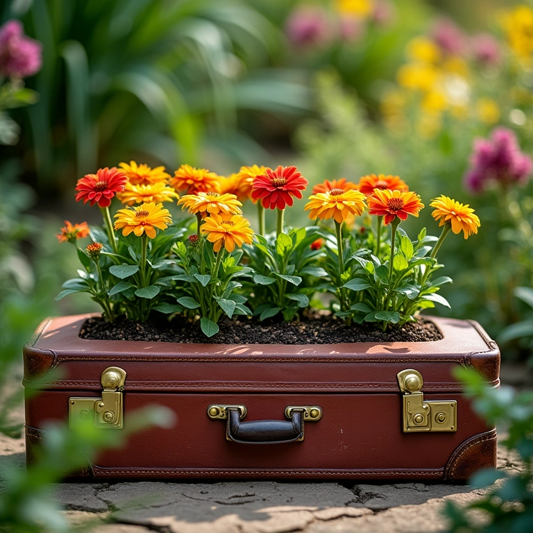 Jardins e floreiras em malas antigas com flores coloridas.