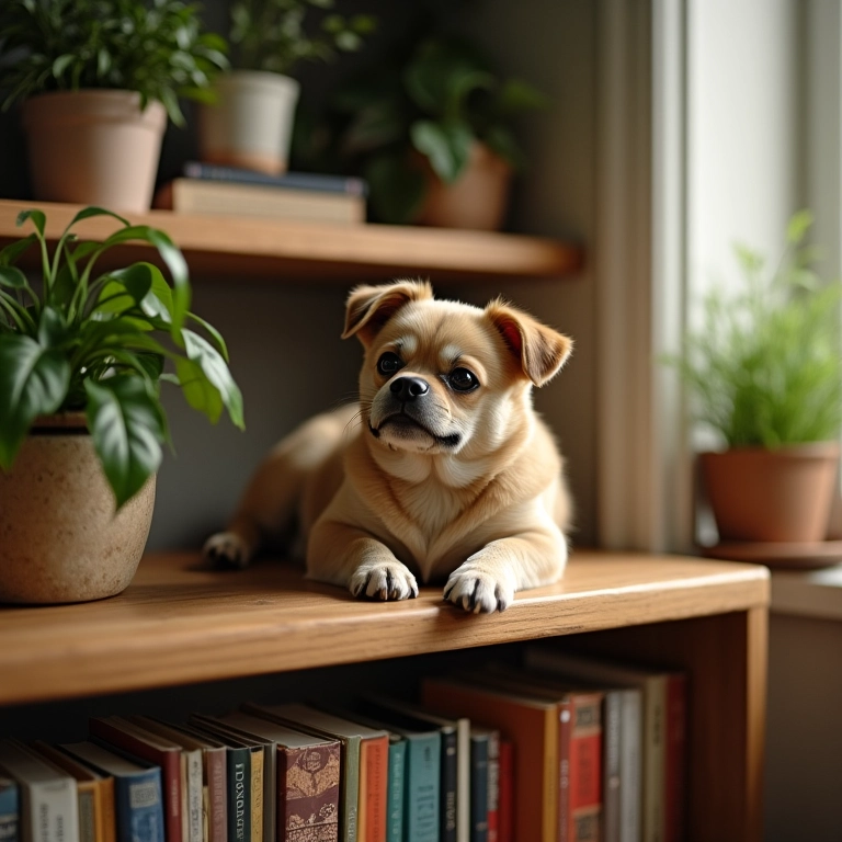 Jiboia adornando estante de livros em apartamento.