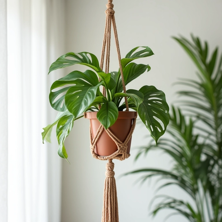 Jiboia em macramê, planta de fácil cuidado que adiciona estilo a um apartamento moderno.