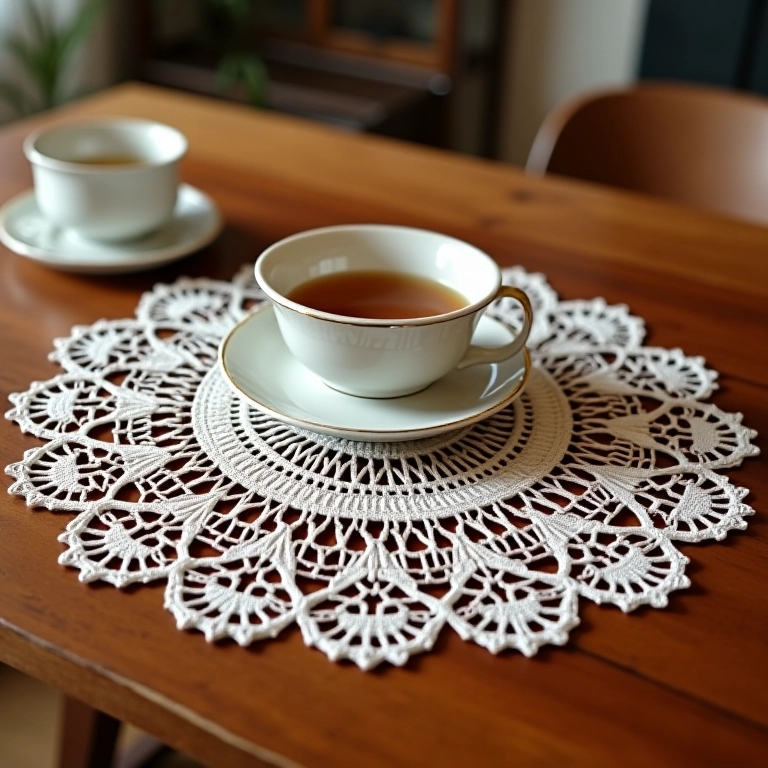 Jogo americano de crochê elegante sobre mesa de jantar de madeira.
