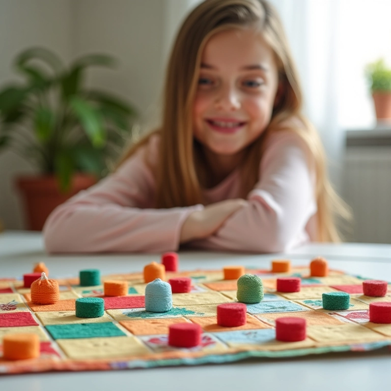 Jogo da velha de tecido artesanal com peças coloridas.