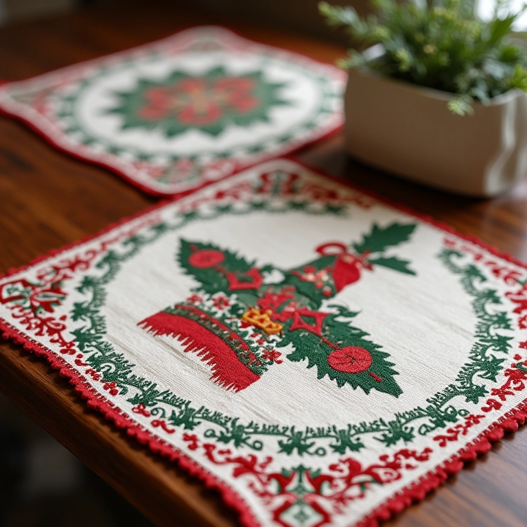 Jogos americanos exclusivos com designs natalinos e detalhes de artesanato brasileiro.