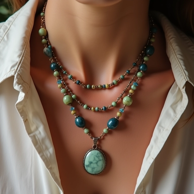 Jóias boho chic feitas à mão (colar, brincos, pulseira) com pedras naturais e contas de madeira.