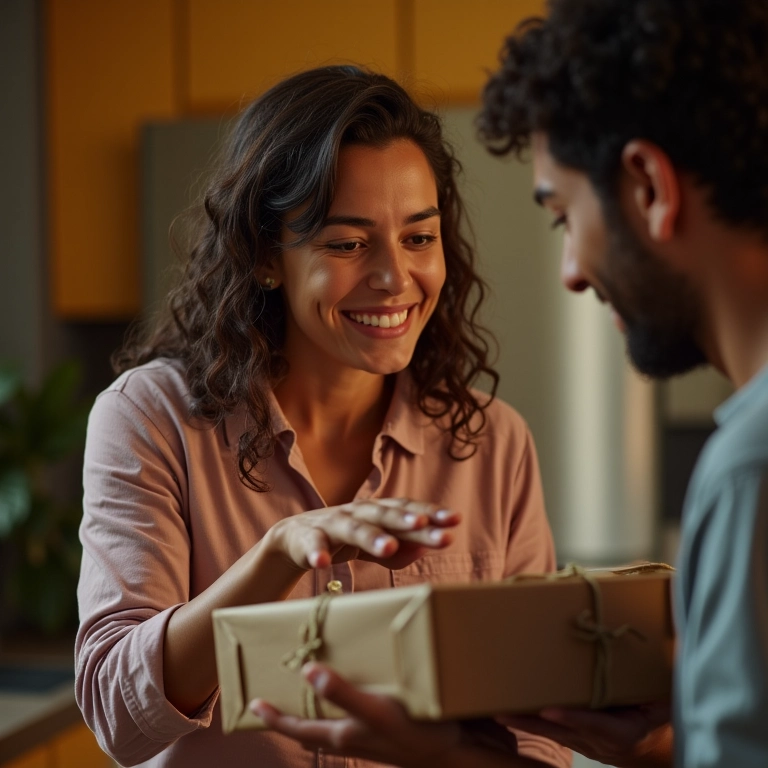 Jornalista recebendo presente que aquece o coração em lar brasileiro acolhedor.