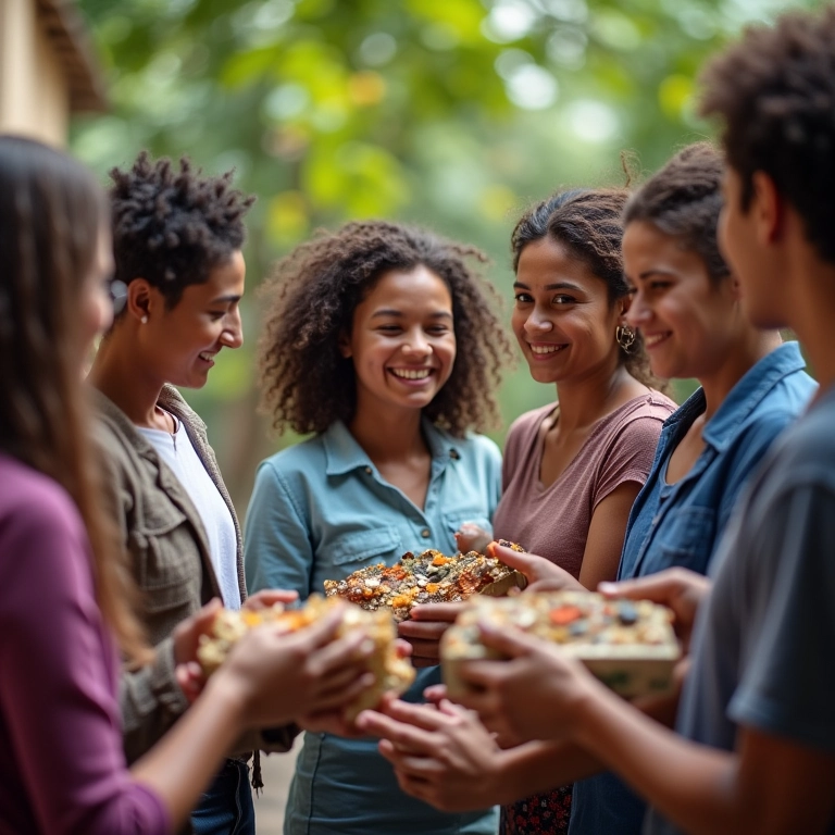 Jornalistas diversos recebendo presentes artesanais no Dia do Jornalista em cenário vibrante brasileiro.