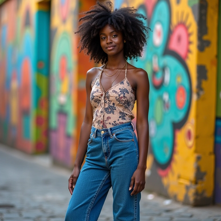 Jovem afro-brasileira estilosa usando calça jeans wide leg com arte de rua vibrante ao fundo.