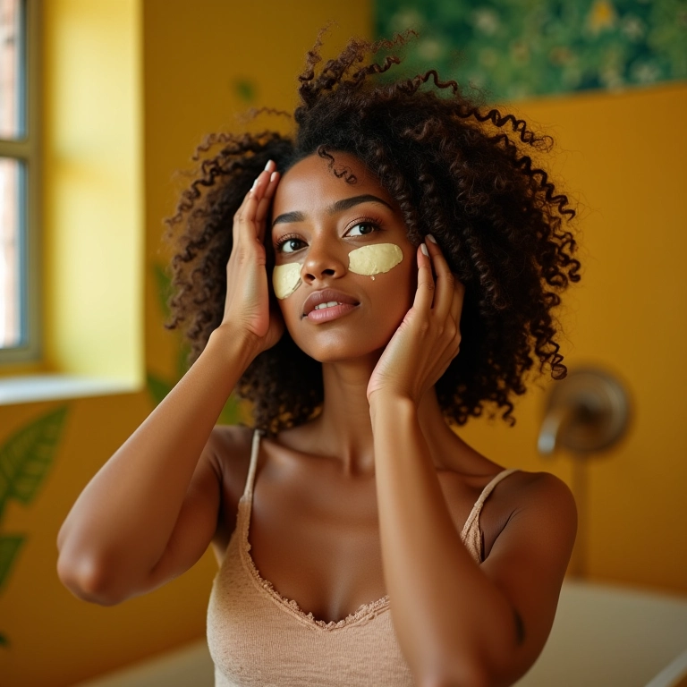 Jovem aplicando máscara de hidratação no cabelo cacheado
