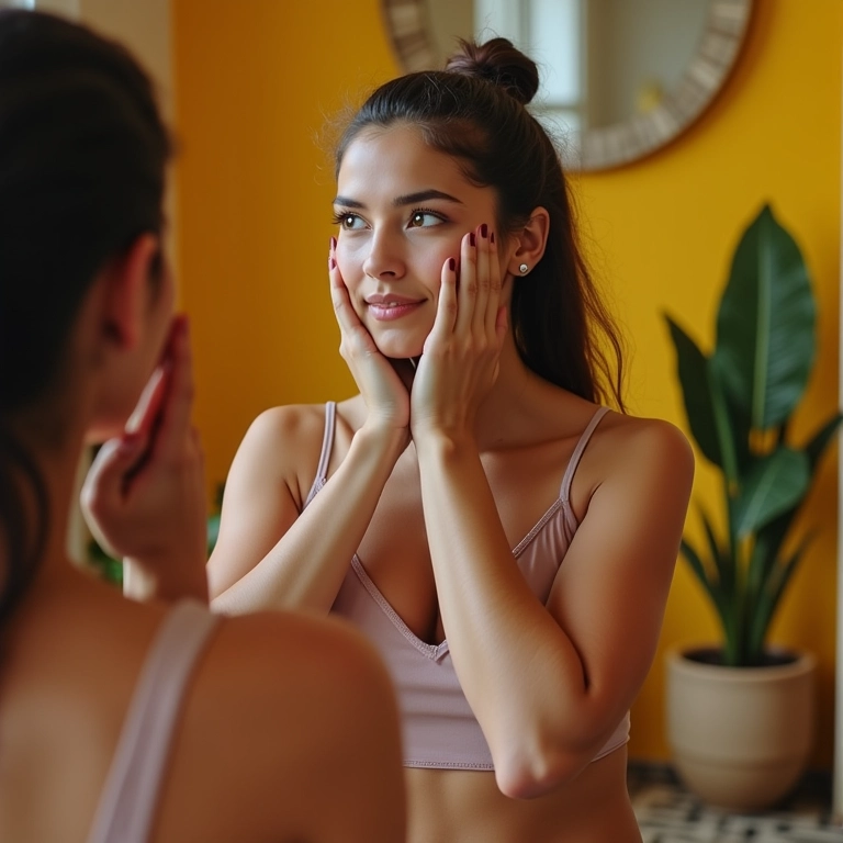 Jovem brasileira tonificando os músculos faciais com exercícios em frente ao espelho.