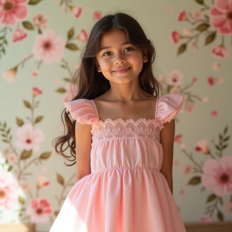 Jovem brasileira vestindo um delicado vestido rosa no estilo coquette, com detalhes em renda.