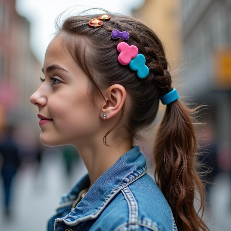 Jovem com acessórios divertidos no cabelo e jaqueta jeans.
