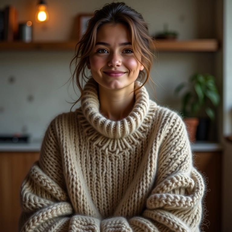 Jovem com bota over the knee e tricô oversized em casa aconchegante.