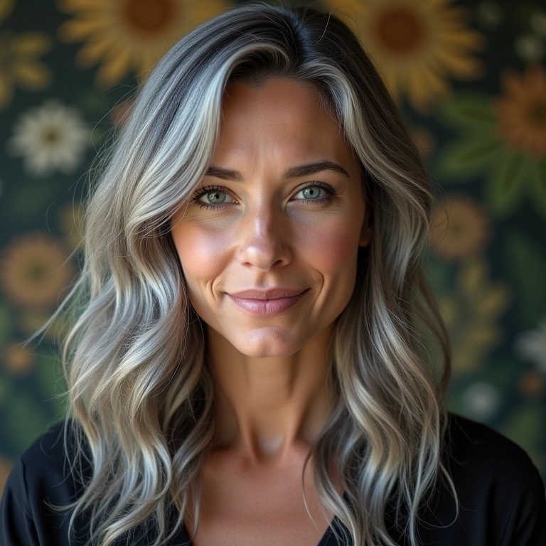 Jovem com cabelos grisalhos com mechas e reflexos em um salão de beleza vibrante.