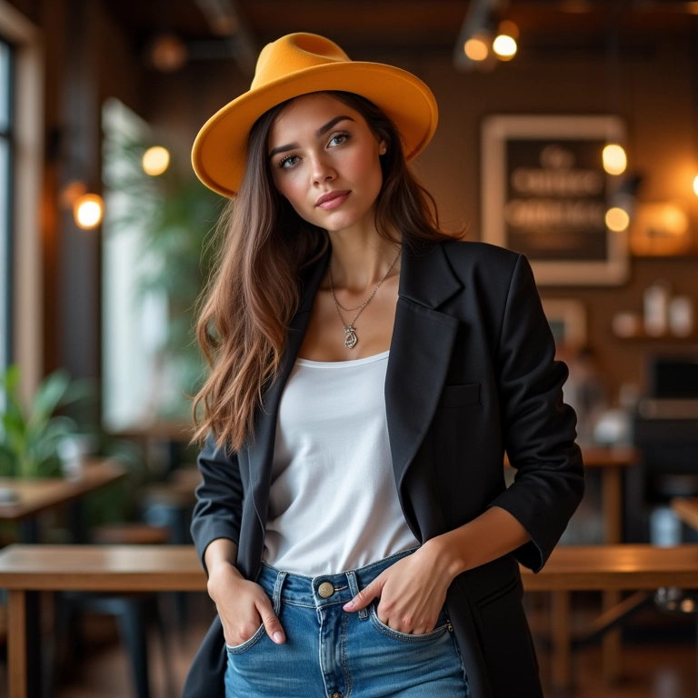 Jovem com look casual chic usando chapéu melon em cafeteria aconchegante.