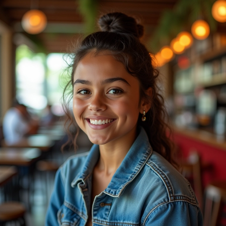 Jovem com meio preso com topete em café vibrante.