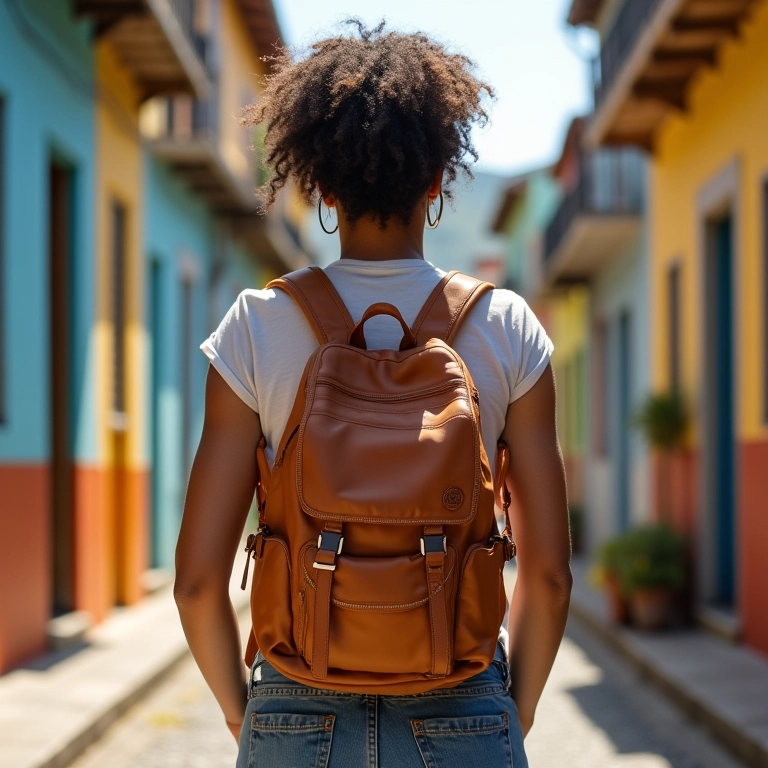 Jovem com mochila artesanal em Salvador.