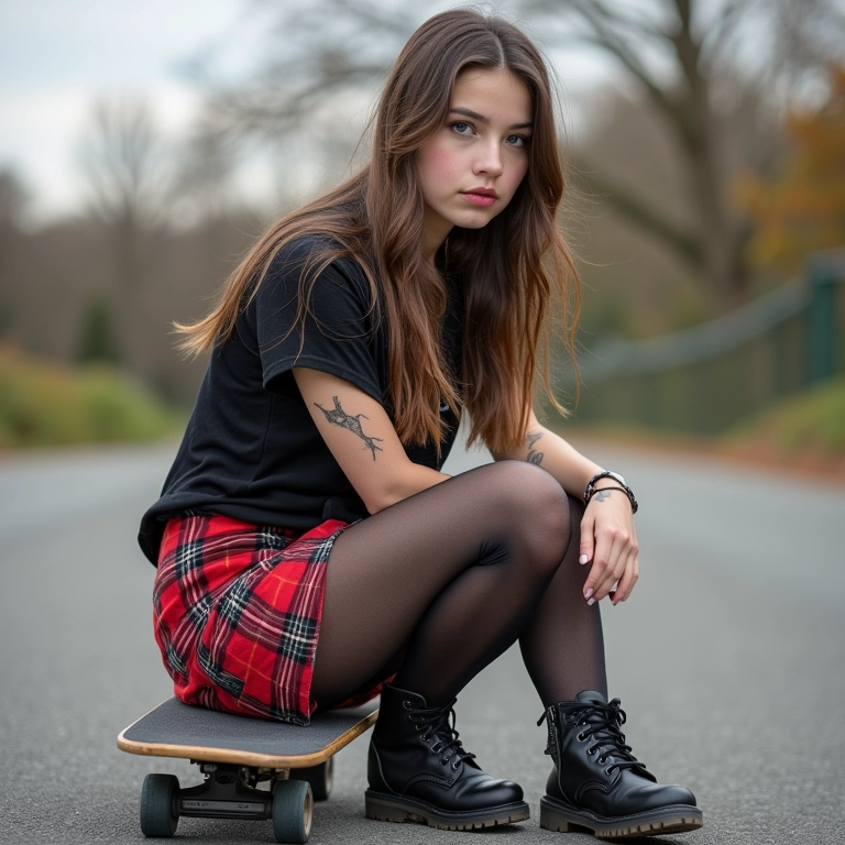 Jovem com saia xadrez grunge, meia rasgada e botas sentada em skate.