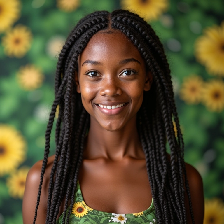 Jovem com tranças Nagô e cabelo solto em cenário colorido.