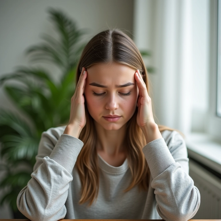Jovem estressada massageando as têmporas.