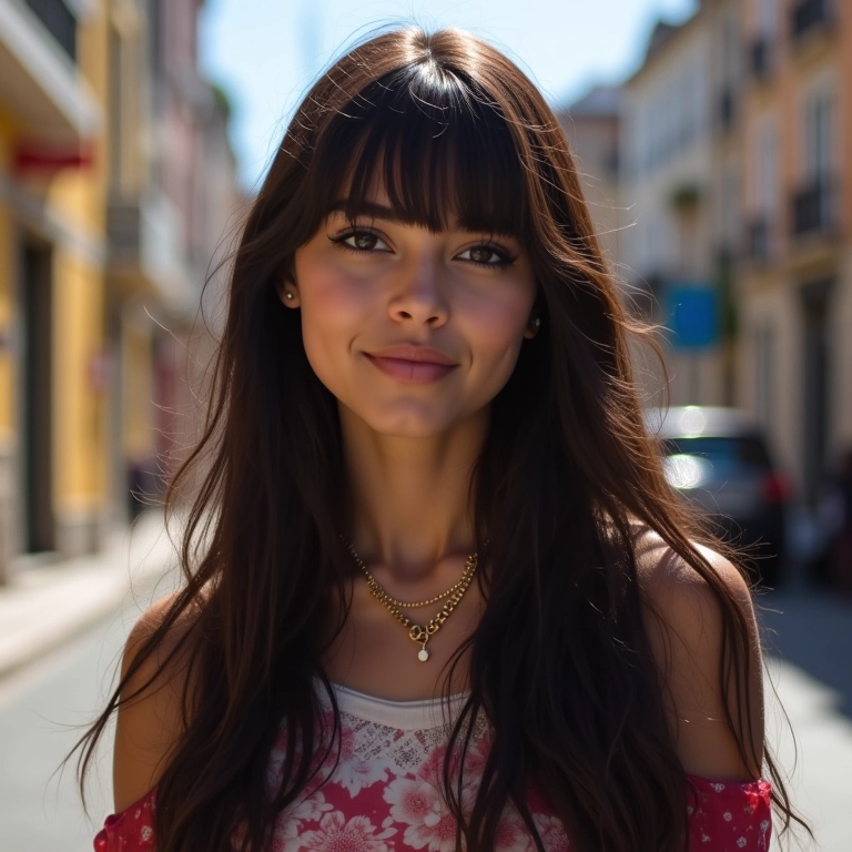 Jovem mulher com curtain bangs e cabelo longo em cenário urbano moderno.