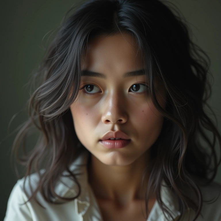 Jovem preocupada com os primeiros cabelos brancos.