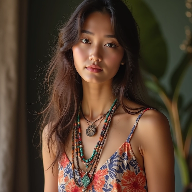 Jovem usando look Acubi Fashion com colares e anéis de miçangas coloridas.