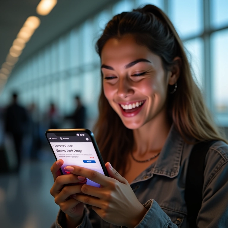 Jovem vendo voos baratos de última hora no celular.