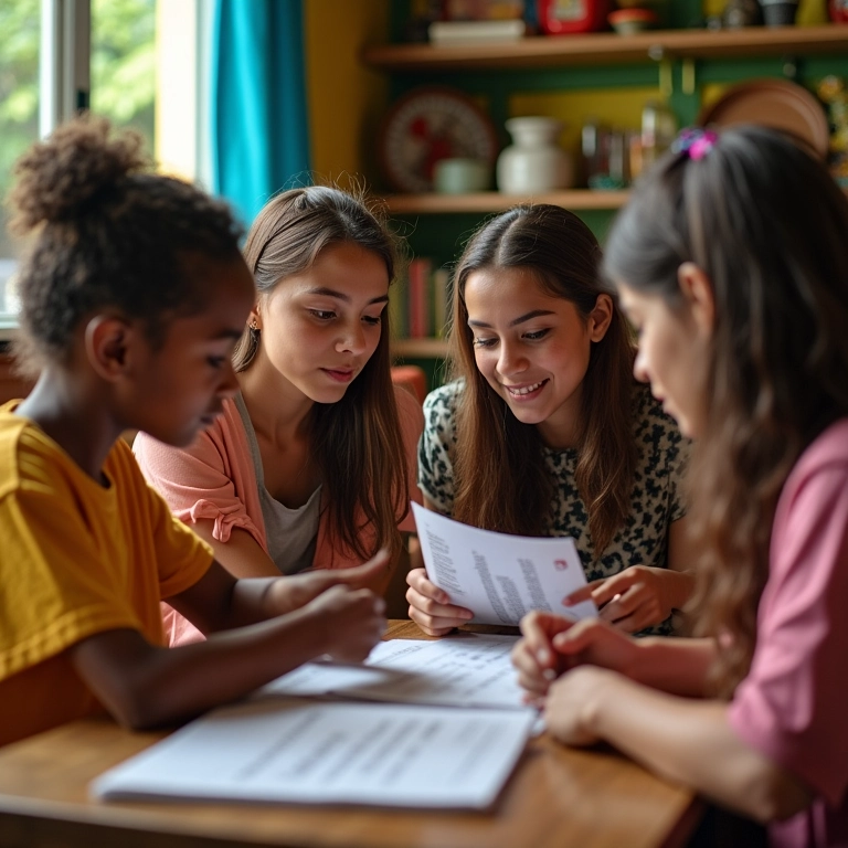 Jovens adultos diversos discutem educação financeira em café brasileiro, representando aprendizado.