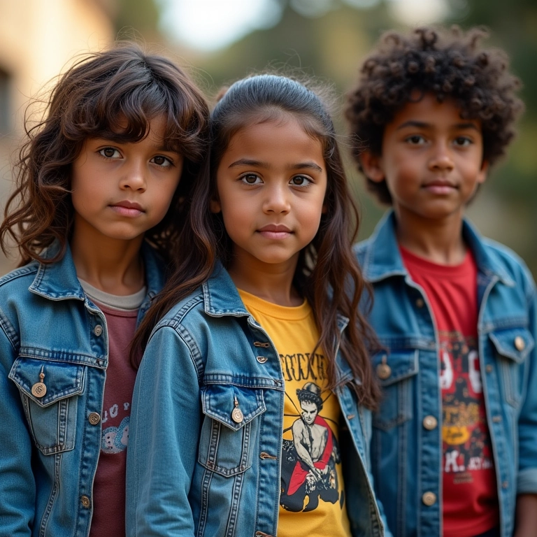 Jovens brasileiros nos anos 80 com roupas inspiradas no rock, jaquetas jeans com logotipos de bandas e penteados ousados.