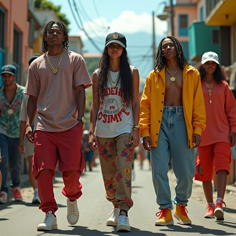 Jovens dançarinos de hip-hop em favela no Rio de Janeiro, com roupas de streetwear e correntes de ouro.