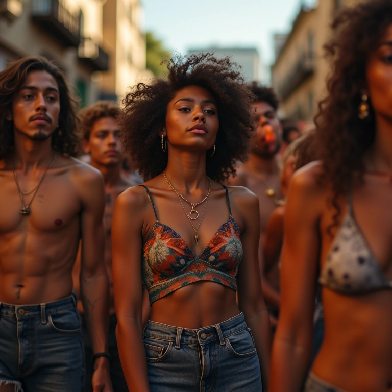 Jovens em festa de rua no Brasil, misturando roupas vintage e modernas, celebrando a conexão entre música e moda.