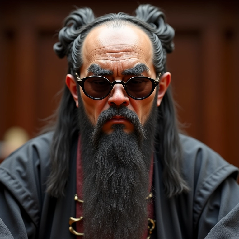 Juiz chinês antigo usando óculos de sol de quartzo fumê.