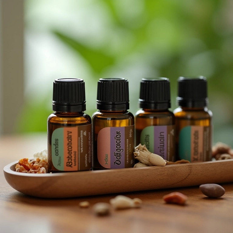 Kit de aromaterapia com óleos essenciais e elementos naturais em bandeja de madeira.