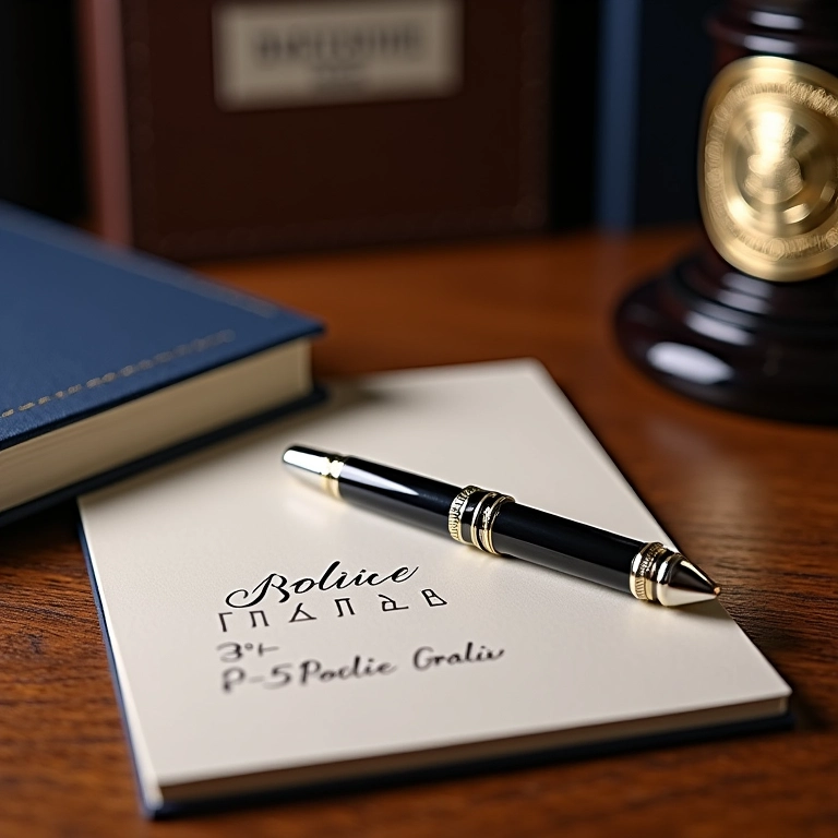 Kit de escritório personalizado com o nome do policial gravado em uma caneta e um bloco de notas.