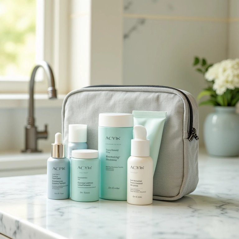 Kit de higiene pessoal compacto e organizado para viagem.