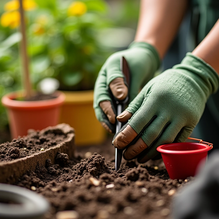 Kit de jardinagem terapêutica com ferramentas, sementes e vasos coloridos.